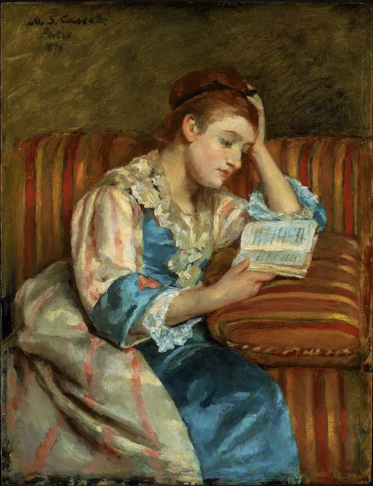 Mrs. Duffee Seated on a Striped Sofa, Reading, Mary Cassatt