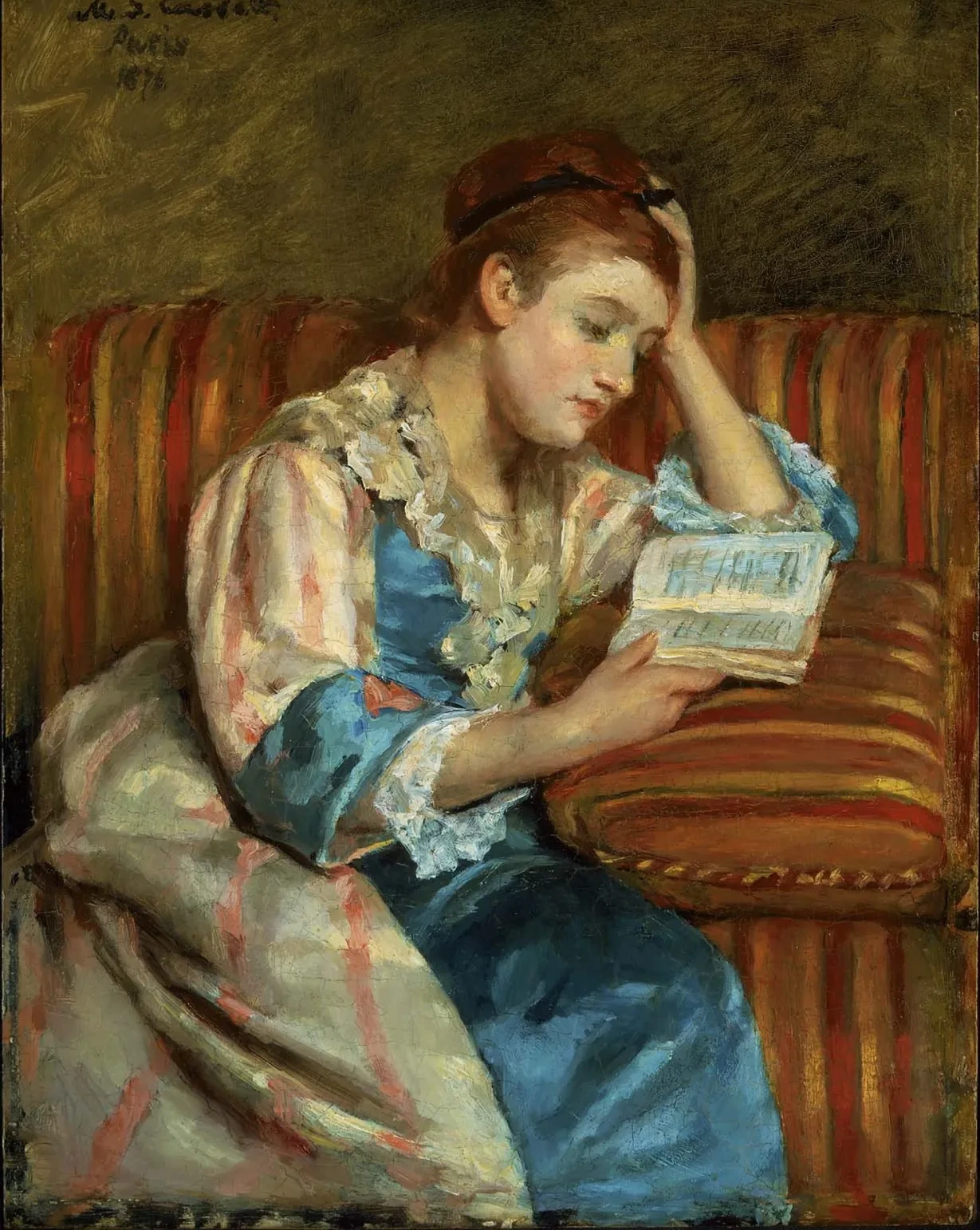 Mrs. Duffee Seated on a Striped Sofa, Reading, Mary Cassatt