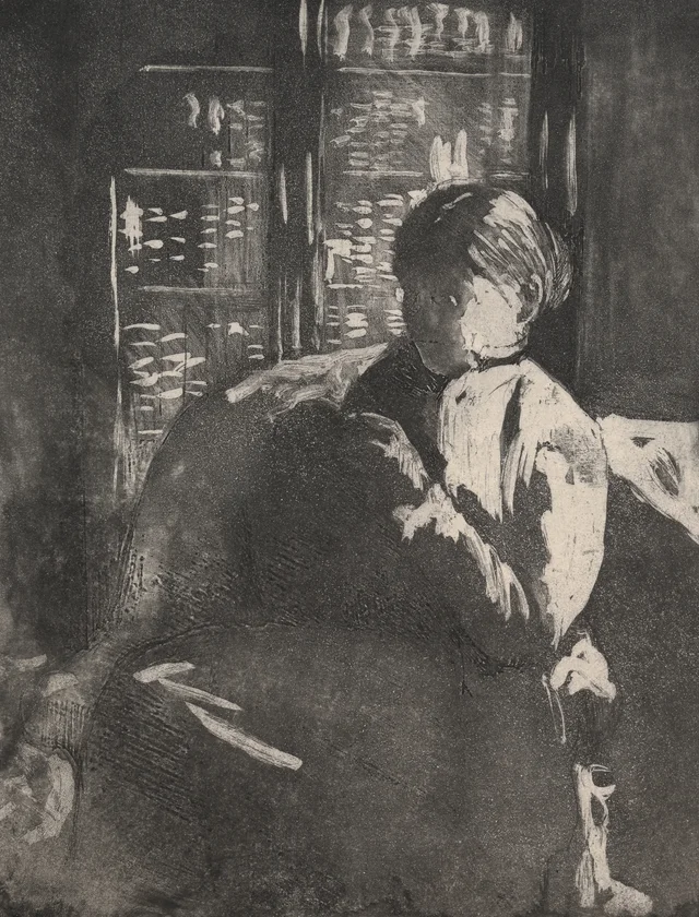 Tejiendo en la biblioteca, Mary Cassatt