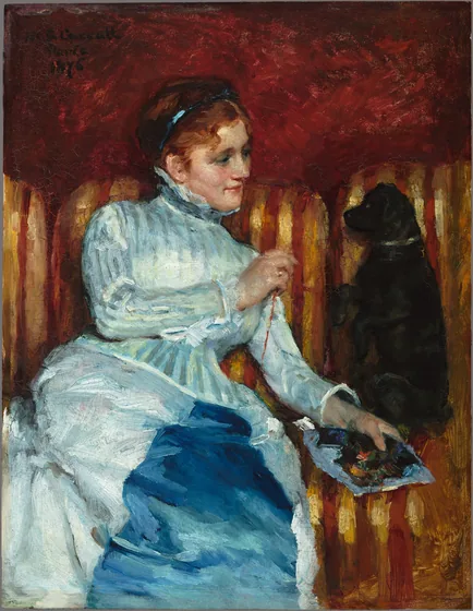 Woman on a Striped Sofa with a Dog