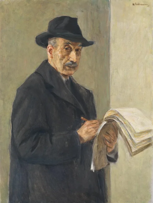 Autorretrato con abrigo y un cuaderno de bocetos