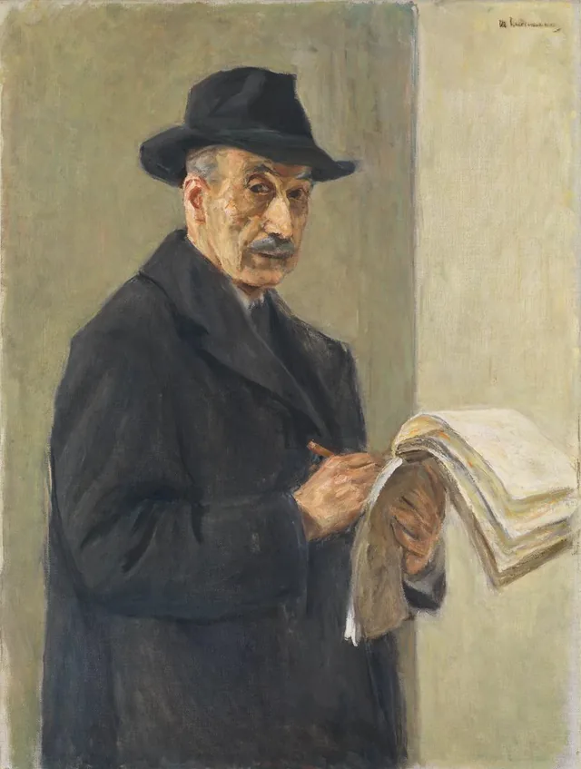 Autorretrato de casaco com caderno de esboços, Max Liebermann