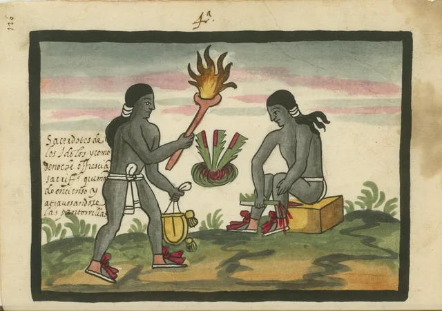 Tovar Codex: priests make offerings at night, burning incense and piercing their calves