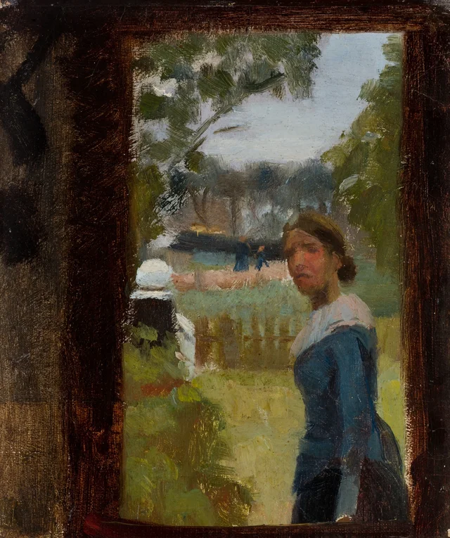 Anna Ancher no jardim da frente, Markvej. Esboço, Michael Ancher