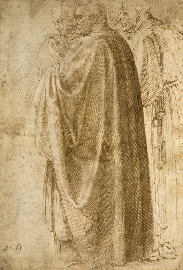 Tres hombres de pie con amplios mantos, vueltos hacia la izquierda