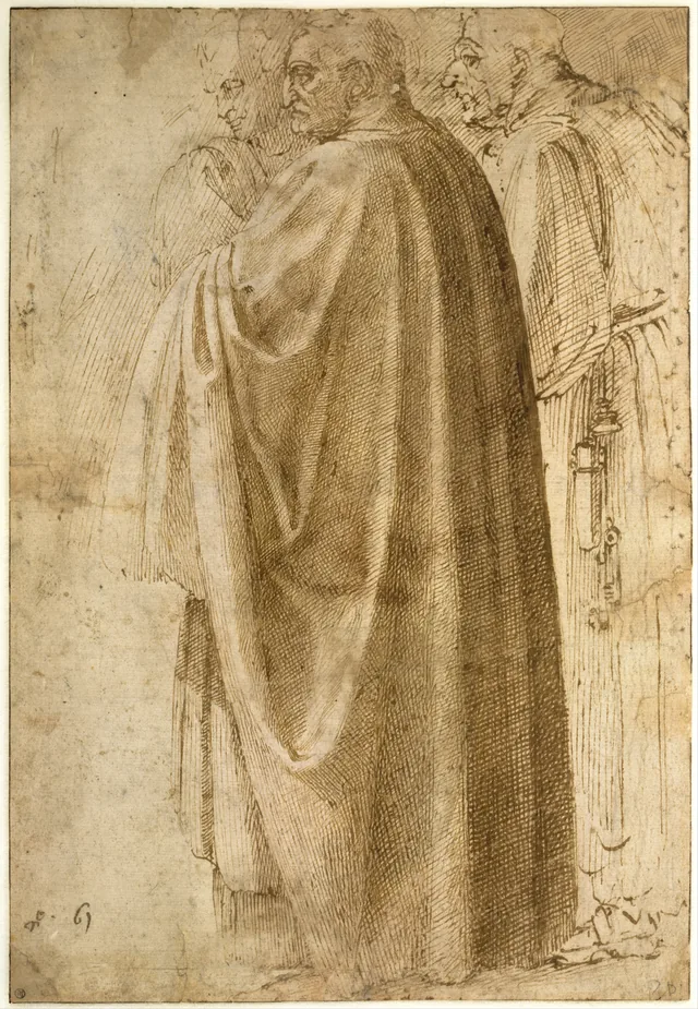 Three Standing Men in Wide Cloaks Turned to the Left