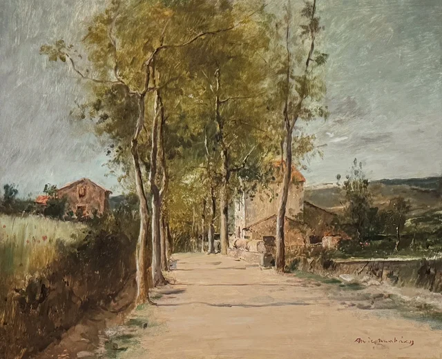 Paisaje con avenida y edificio