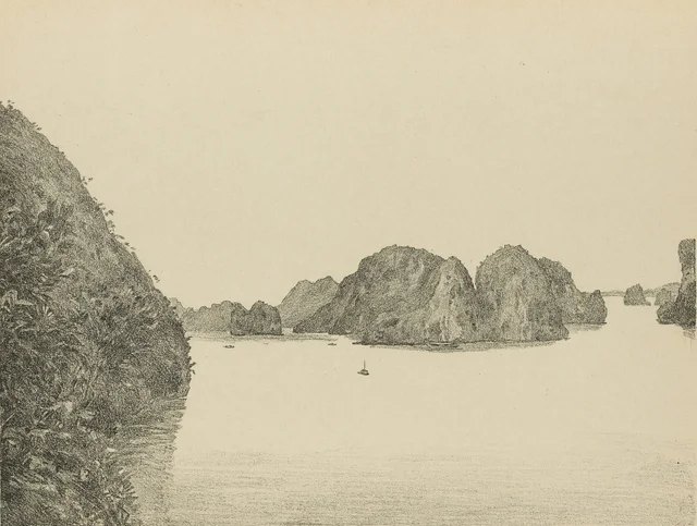 Bahía de Ha-Long, vista de la «Maravilla», la Princesa fondeada, Monografía dibujada de Indochina