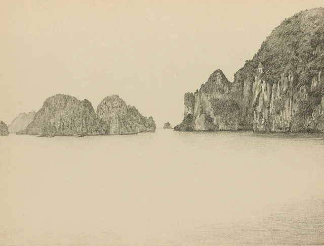 Bahía de Ha-Long, vista de la «Sorpresa» (lámina 10), Monografía dibujada de Indochina