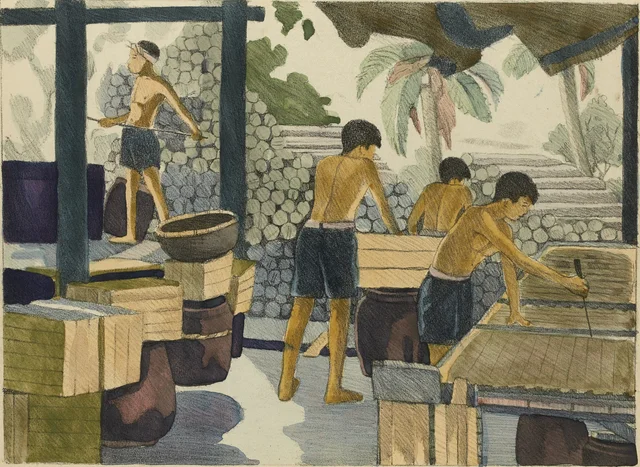 Caña de azúcar, corte y embalaje en cajas, Monografía dibujada de Indochina