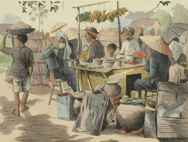 Rincón de mercado, vendedora de té de Huế