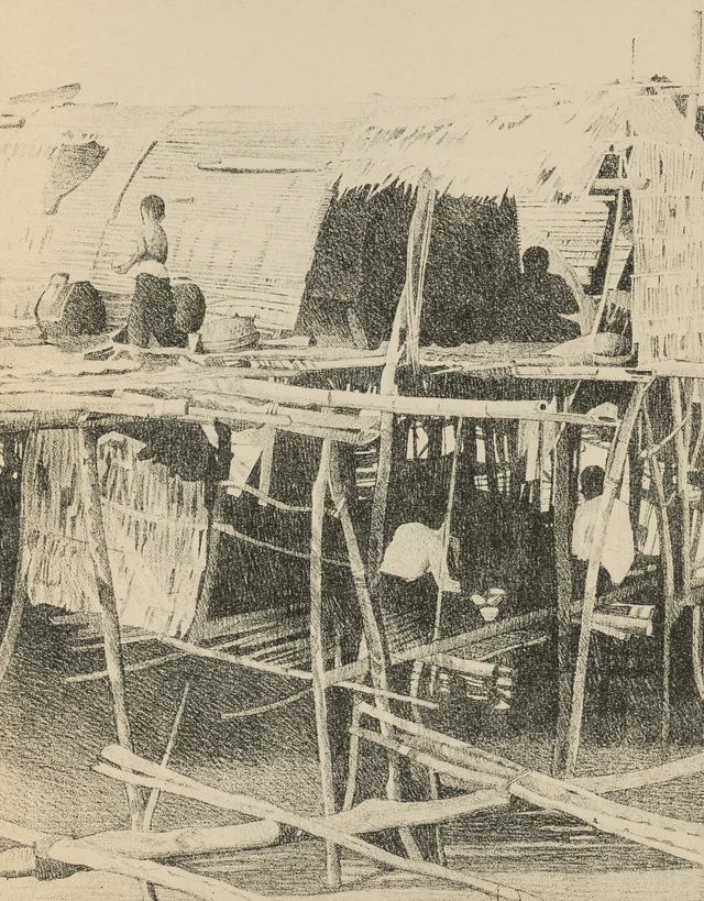 Rincón de aldea lacustre sobre el Tonlé Sap (detalle) (lámina 28), Monografía dibujada de Indochina