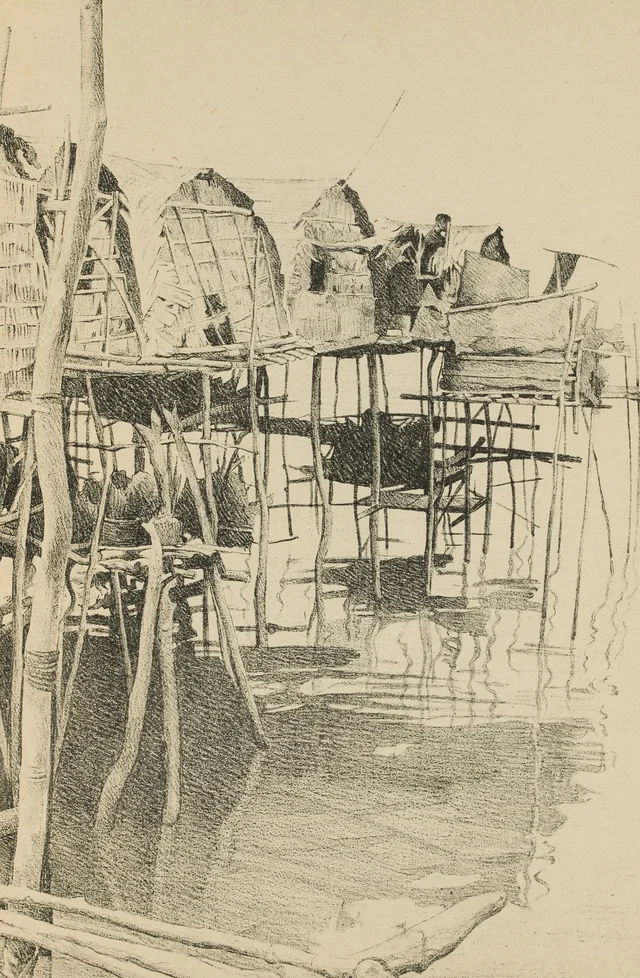 Rincón de aldea lacustre sobre el Tonlé Sap (detalle) (lámina 27), Monografía dibujada de Indochina