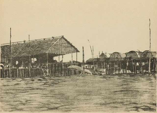 Rincón de aldea lacustre sobre el Tonlé Sap, cobertizo de los barcos
