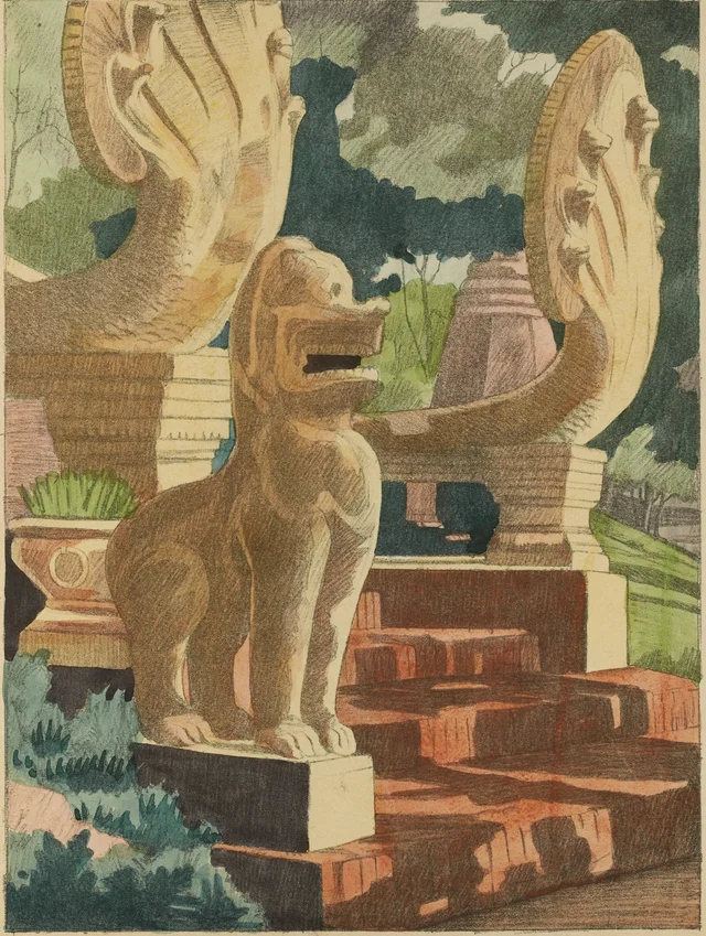 Départ de l'escalier du Phnom à Phnom-Penh, Monographie dessinée de l'Indochine
