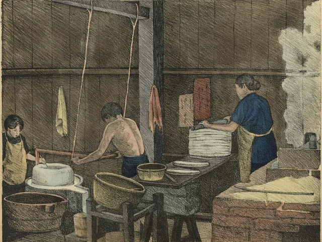 Making flour. In the background, a woman makes cakes for the Chinese soup “bánh hủ tiếu”