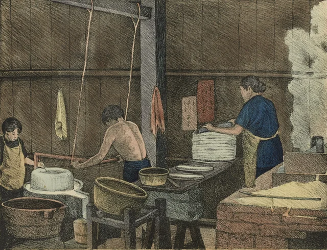 Fabricación de la harina. Al fondo, una mujer elabora tortas para la sopa china «bánh hủ tiếu», Monografía dibujada de Indochina