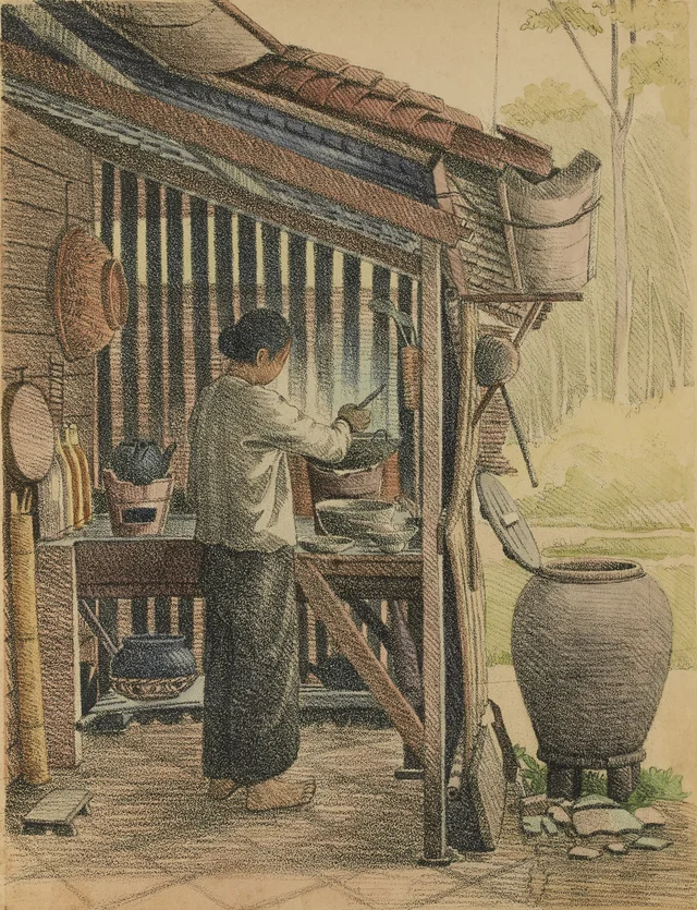 Mujer anamita preparando la comida, Monografía dibujada de Indochina