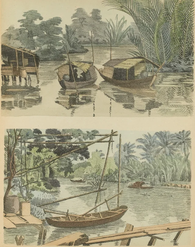 I. Corner of a creek at Câu-ban-ky; II. Corner of a creek at Rach-kiên (sampan at rest, bamboo stakes used to spread the nets)