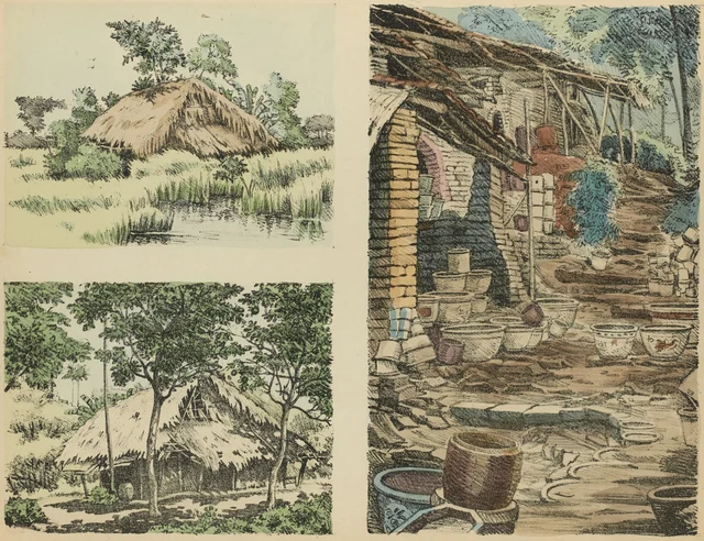 I and II. Cai nhà with a thatched roof; III. Pottery at Thudaumot