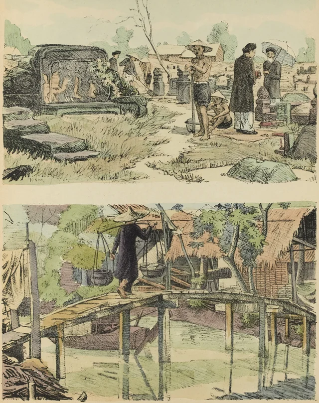 I. The eve of the Têt (Annamite New Year) at the Tân-son-nhut cemetery: cleaning the tombs and offerings (lễ tảo mộ); II. Footbridge over a rach at Câu-ban-ky