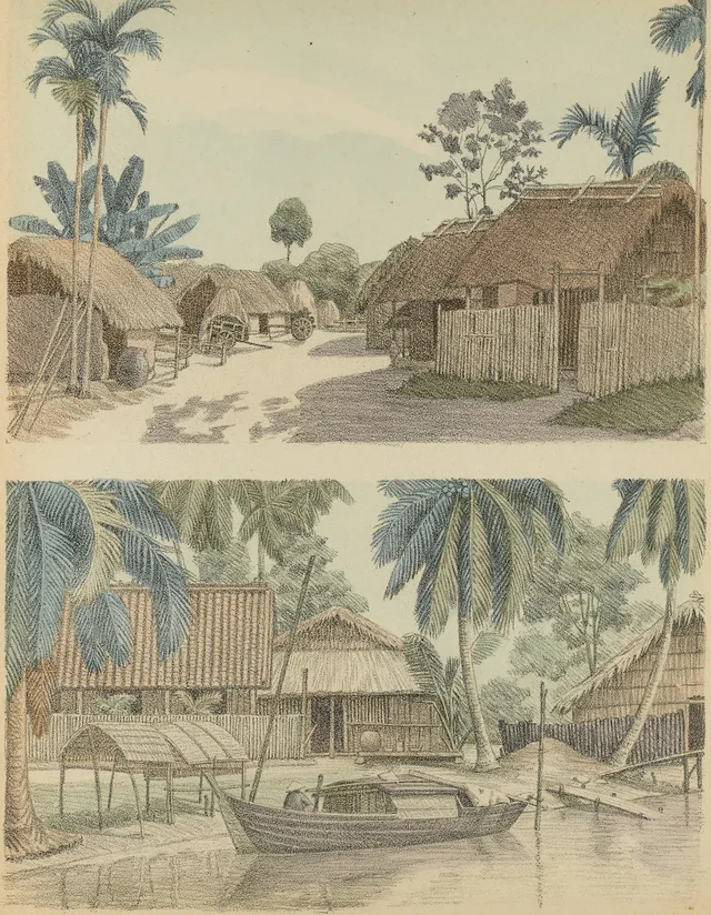 I. A street in the village of Phu-Nhuân; II. Banks of the Bên-Cac creek