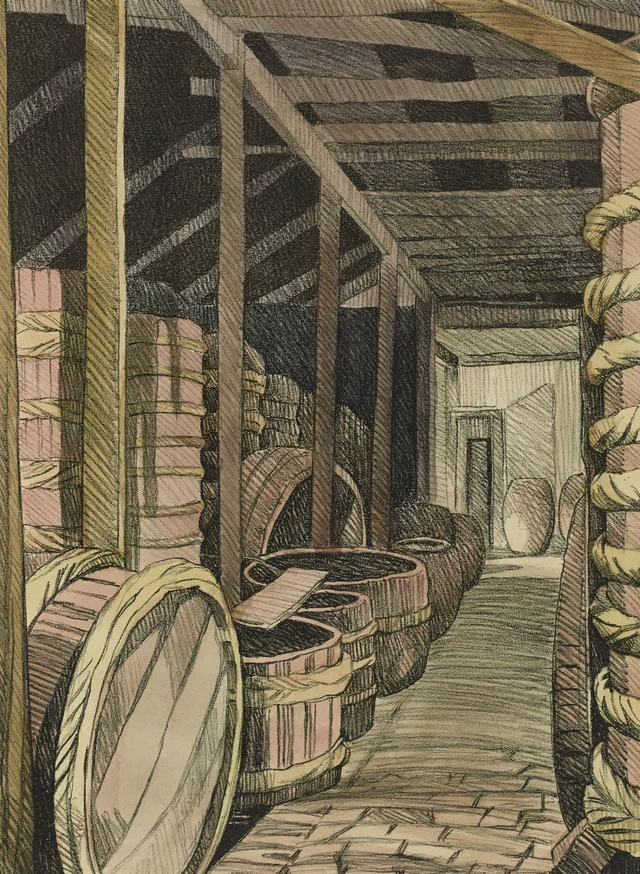 Interior de una fábrica de nước mắm, Monografía dibujada de Indochina