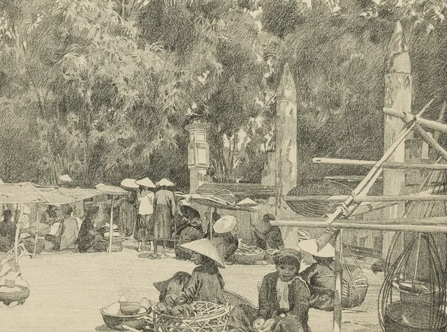 Mercado de Đình-Cả, pueblo de Nội-Duệ (lámina 28), Monografía dibujada de Indochina