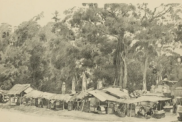 Mercado de Đình-Cả, pueblo de Nội-Duệ (lámina 26), Monografía dibujada de Indochina
