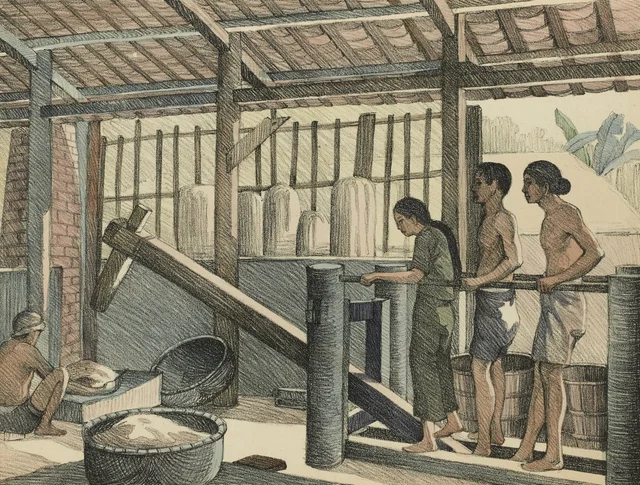 Mortero de pilón destinado a separar el arroz de su paja, Monografía dibujada de Indochina