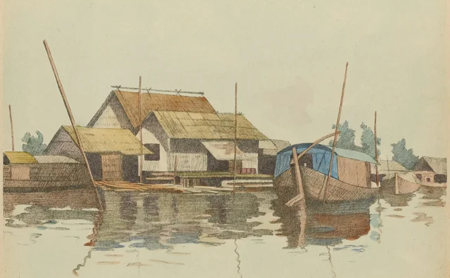 Paillotes et bateaux à Xóm nhà (Svairiêng), Monographie dessinée de l'Indochine