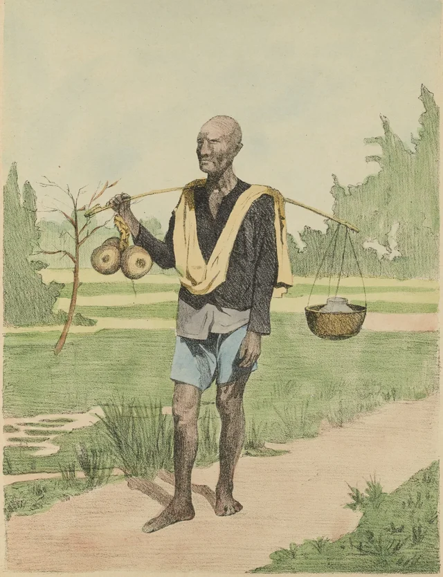 Paysan portant des fruits de palmier à sucre en offrande à la pagode, Monographie dessinée de l'Indochine