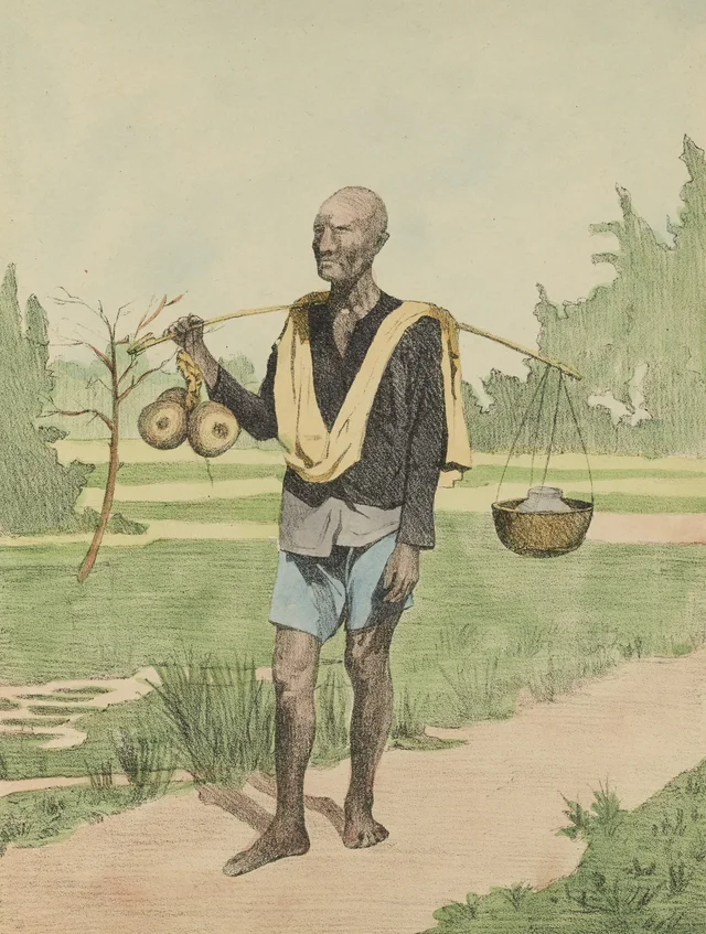 Campesino llevando frutos de palmera de azúcar como ofrenda a la pagoda