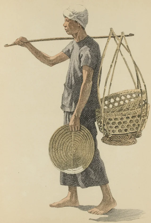 Campesino de vuelta del mercado llevando los cai-giông en el extremo del don-ganh o balancín