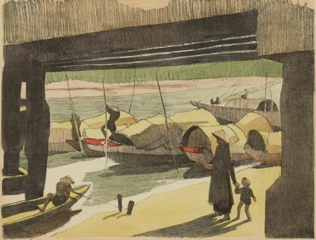 Phan-Thiêt, sampans amarrés, Monographie dessinée de l'Indochine