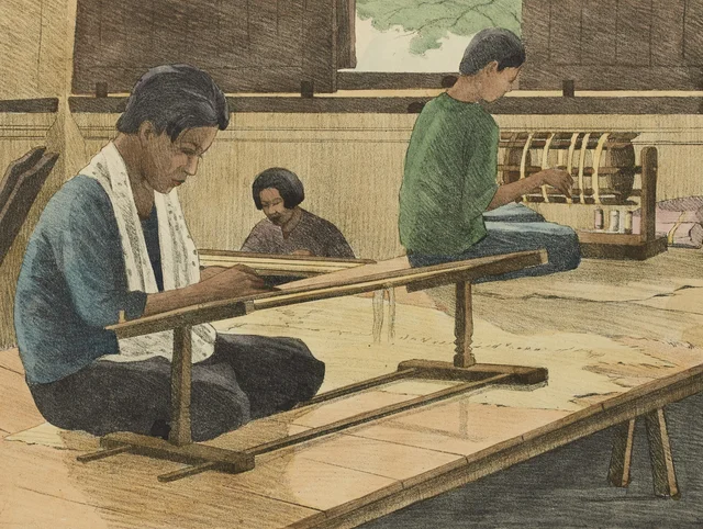 Tejedoras de sampot en la Escuela de Phnom Penh, Monografía dibujada de Indochina