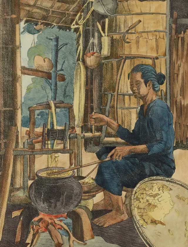 Trabajo de la seda, hilandería, Monografía dibujada de Indochina