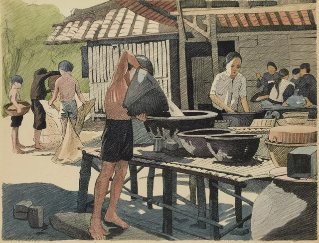A young peasant filling a jar with water using a vessel called “cái gào”. In the background, a winnowing scene and a meal