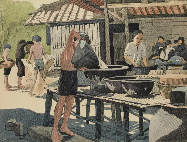 Un joven campesino llenando de agua una tinaja con un recipiente llamado «cái gào». Al fondo, una escena de aventado y una comida, Monografía dibujada de Indochina