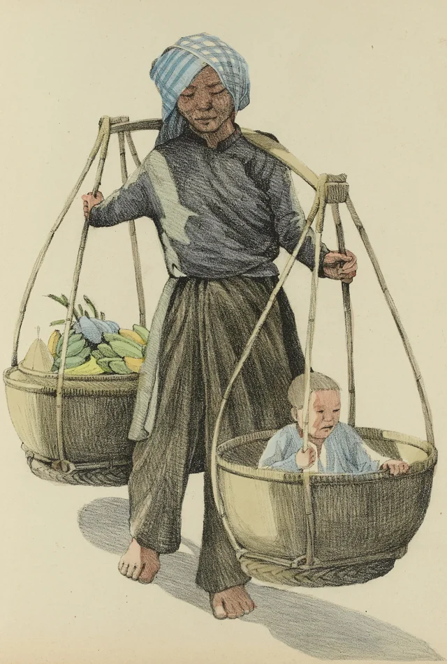 Une nhà-quê (paysanne) au retour du marché portant son nho (enfant) dans un panier