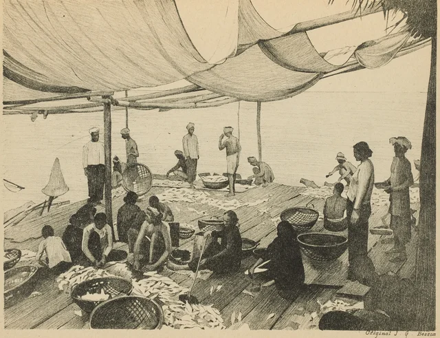 Lake village, preparing the fish, Monographie dessinée de l'Indochine
