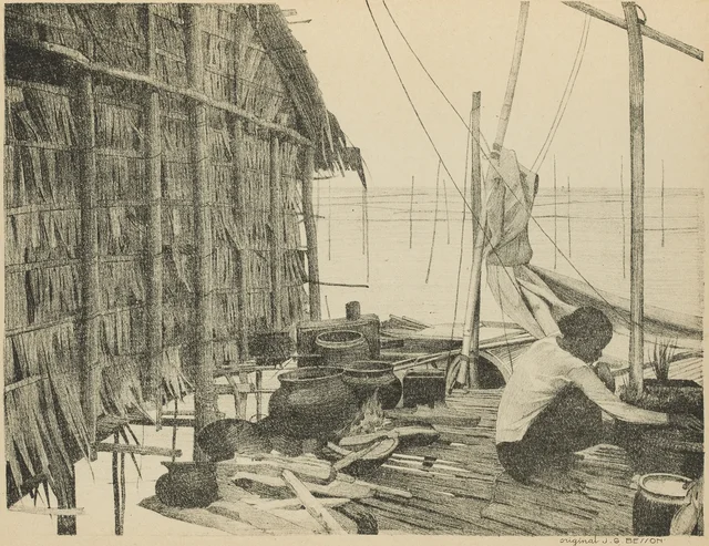Village lacustre, femme préparant le repas
