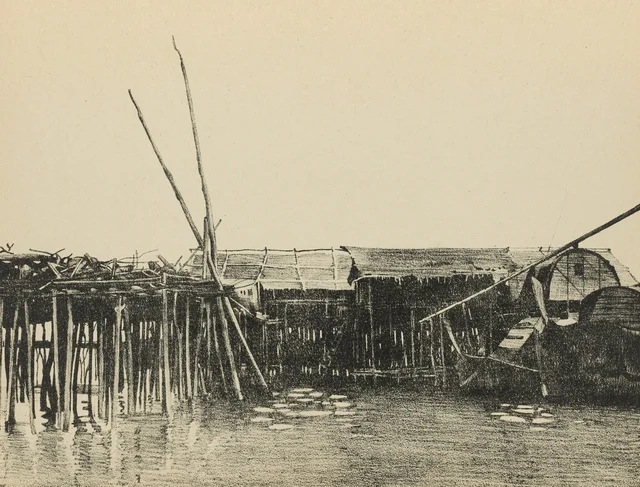 Aldea lacustre, cobertizo de los barcos, Monografía dibujada de Indochina
