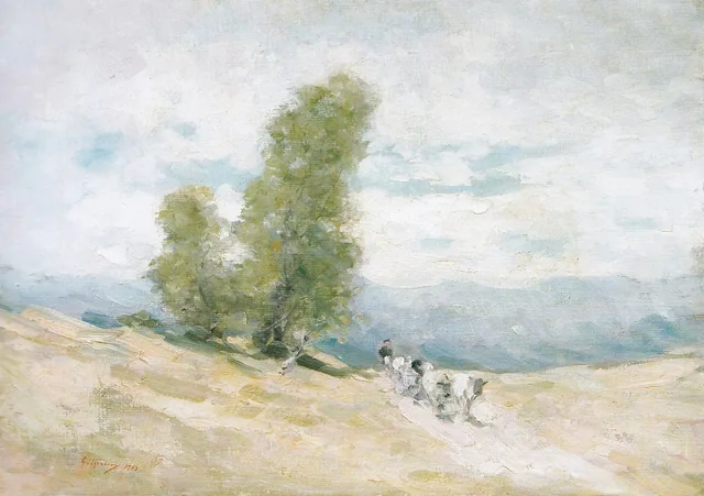 Arbres au bord d'un chemin et char à bœufs