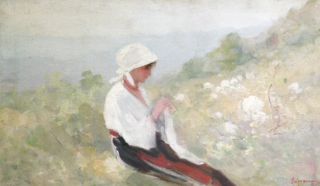 Peasant Woman Sewing among Flowers