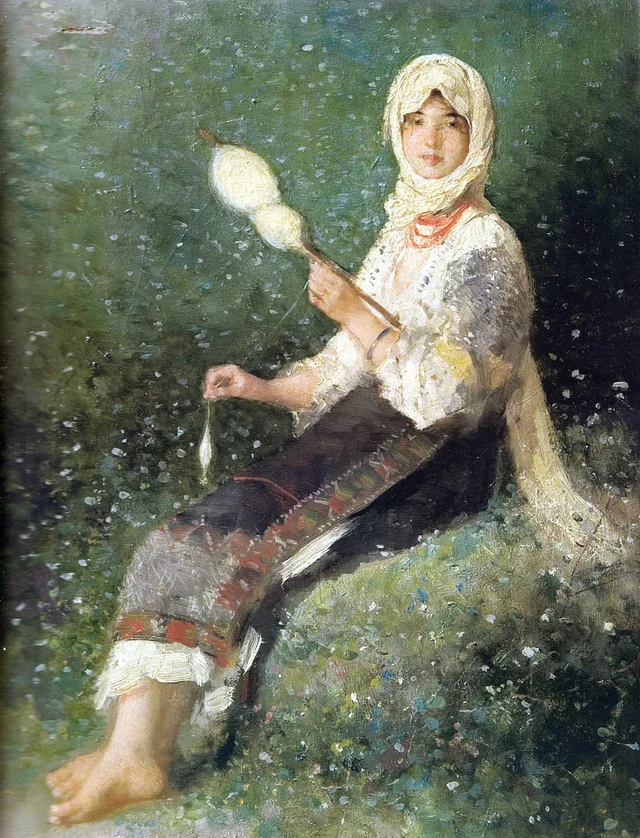 Paysanne filant dans l'herbe fleurie