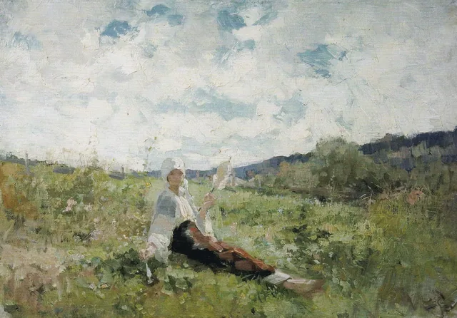 Paysanne filant dans la prairie