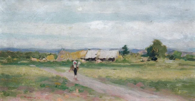 Paysanne filant sur un chemin de campagne