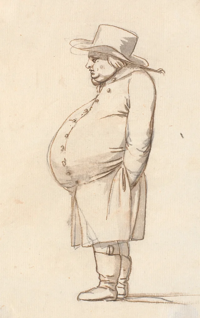 Caricatura de un hombre corpulento, de pie y de perfil hacia la izquierda