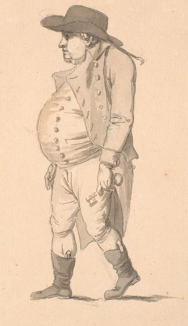 Caricature d'un homme corpulent, marchant vers la gauche, une grosse clé dans la main gauche, Nicolai Abildgaard